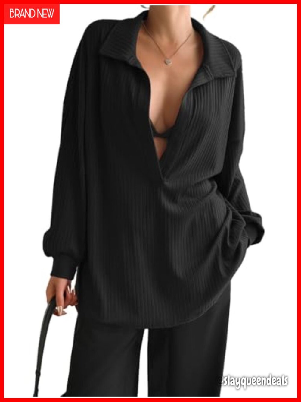 Oversized Deep V Neck Sweatshirt Ribbed Knit Long Sleeve Pullover